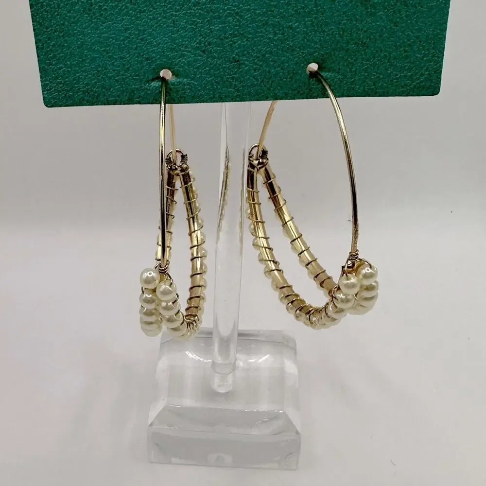 Everri Statement Pearl Gold tone Drop Hoop Earrings NWT